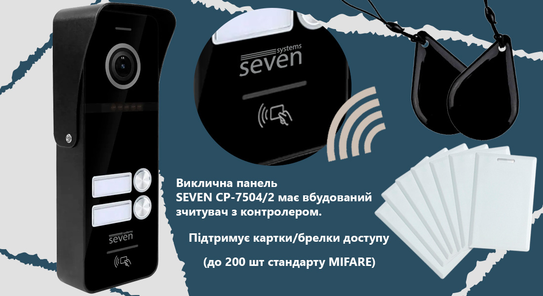 Виклична панель домофону з вбудованим зчитувачем карток SEVEN CP-7504/2 RFID black панель виклику з зчитувачем, панель виклику з вбудованим зчитувачем, панель виклику зі зчитувачем, панель виклику зі зчитувачем карт, панель виклику вулична